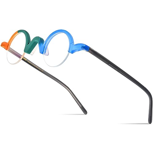 Image of HEPIDEM Matte Multicolor Acetate Glasses Frame Women,Semi Rimless Round Optical Eyeglasses