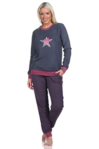 Normann Damen Frottee Pyjama mit Bündchen und Stern Motiv - Hose gestreift - auch in Übergrössen, Farbe:Marine, Größe:52/54