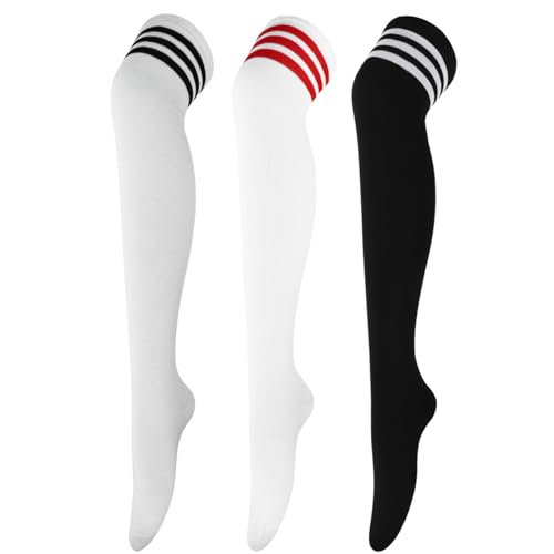 Image of AQOKKA Thigh High Socks for Women Striped Over Knee Thigh Socks Long Boot Thigh High Stockings Leg Warmers for Girls
