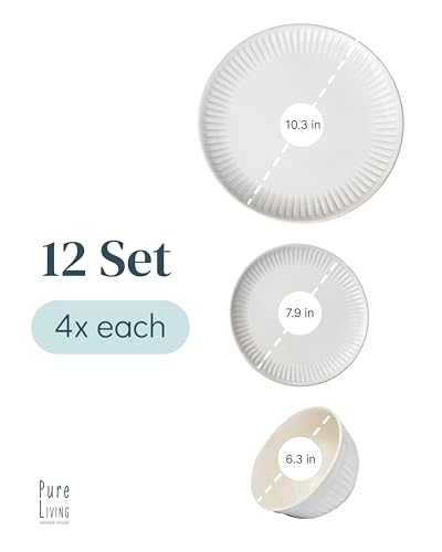 Image of Stoneware Dinnerware Set for 4 People HYGGE 12-Piece - Elegant Scandi Design - Premium Dish Set - Bowl and Plate Set - Tableware for 4 People in a Ribbed Design - Pure Living in White