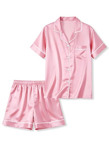 LANKMEI Girls & Boys Satin 2Pcs Short Sleeve Pajamas Set | Luxury Silky Breathable & Soft Button Top & Shorts Set Elastic Waist Ideal for sleepovers summertravel & daily comfort product thumbnail 18