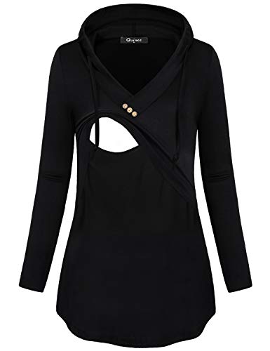 Quinee Maternity Blouse, Long Sleeve V Neck Nursing Tops Fashionable Breastfeeding Shirt Autumn Lightweight Hoodie Thin Spandex Tunic Sweatshirts Black Xl #TOP2