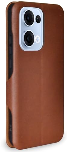 Image of Premium Vegan Leather Phone Cover with Card Slot - Slim, Durable, Privacy Protection, Kickstand Function, Elegant Flip Wallet Cases Compatible for Oppo Reno 13 5G (Brown)