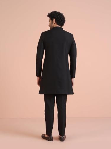 Kisah Men's Indo-Western Sherwani Trouser Set, Black Jacquard, Woven Design Regular Fit Mandarin Collar Long Sleeves (40)