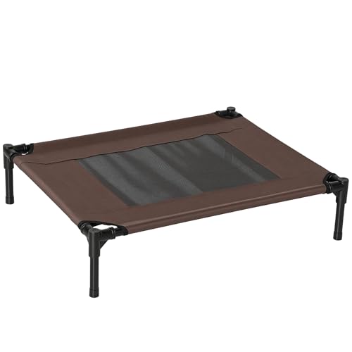 Hamaca para Perro 21 PawHut Cama Elevada para Perros Gatos Portátil Cama para Mascotas con Zona de Malla Transpirable y Tela Oxford para Interior Exterior 76x61x18 cm Marrón