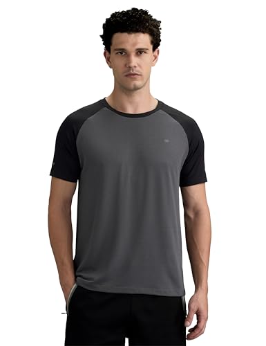 Amazon Brand - Symbol Premium Men's Active Regular Fit Sports Stretch T-Shirt | Round Neck | Raglon Sleeve (SPA-M-A25-TSH-301_Black/Grey_L)