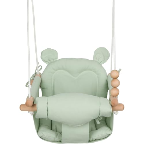 Monkey & Mouse Baby Swing, Pale Green Indoor Outdoor Portable Hanging Chair - Infant & Toddler Kids 6 Months - 4 Years, Cotton Canvas & Beech Wood Frame, Sensory Hammock Boy & Girl Seat w/Wooden Toys