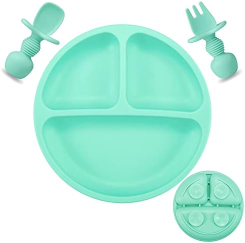 PandaEar Silicone Suction Plate for Baby| Divided Unbreakable Toddler Plate Baby Food Plate with Spoon and Fork, Non-Slip, Non-Toxic, BPA Free, Dishwasher and Microwave Safe (Green)