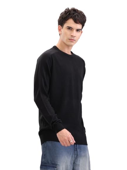 wrogn Men's Black Structured Crew Neck Pullover-picture-16