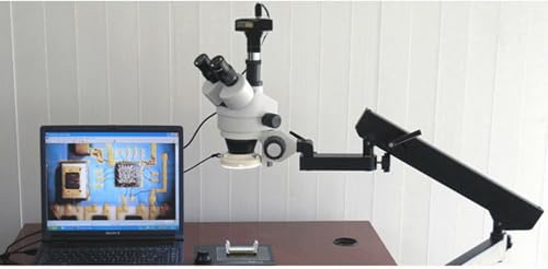 Image of AmScope SM-7TX-FRL Professional Trinocular Stereo Zoom Microscope, WH10x Eyepieces, 3.5X-45X Magnification, 0.7X-4.5X Zoom Objective, 8W Fluorescent Ring Light, Articulating-Arm Boom Stand, 110V-120V, Includes 0.5x Barlow Lens