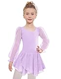Arshiner Ballettkleidung Kinder Lila Tanzkleid Mädchen Langarm Ballettkleid Baumwolle Ballettanzug Violett Balletttrikot Tanztrikot mit Chiffon Tütü 150/8-9 Jahre