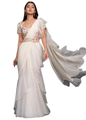 Women\'s Stitched Silk Layer Ruffle Work Lehenga Sari Diwali Festival wedding Lehenga Saree 7602 (White, XL)