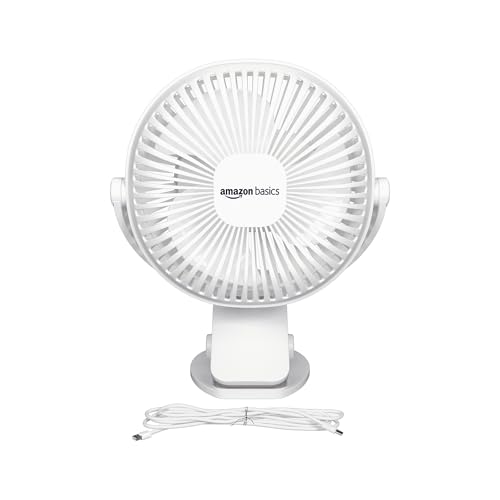 amazon basics Mini Fan with Multi-Utility Clip | USB Charging | Multi-Clip Function | 9-Hour Battery Backup (White)