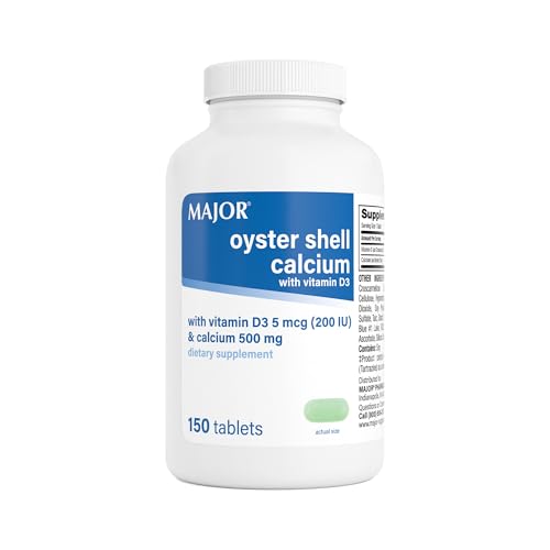 MAJOR Oyster Shell Calcium 500mg Tablets with Vitamin D3 200IU (5 mcg) - Gluten-Free Daily Vitamin D Dietary Supplement for Bone Health and Calcium Absorption 150 Count