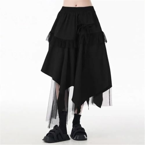Women's Vintage Midi Skirt Patchwork Tulle Irregular Lace-Up High-Waisted Layered Party Long Skirts2