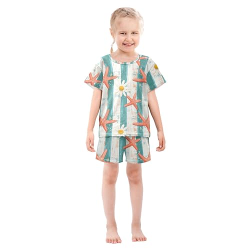 ALAZA Starfishes Daisy Flowers Stripes Pajama Set Short Sleeve Sleepwear Soft Lounge Nightwear3