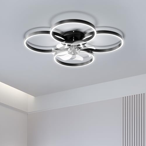 LOFIKEDI 30W Modern LED Ceiling Light, 27 Inch 4 Ring Design and Reversible Fan, 3500K - 6500K Dimmable, 1500LM - 3000LM, Flush Mount, for Bedroom, Living Room and Indoor, Remote & App Control