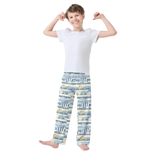Pajama Pants Fishes Shells Light Blue Stripe PJ Bottoms Sleepwear Lounge Sleep Pant with Pockets2