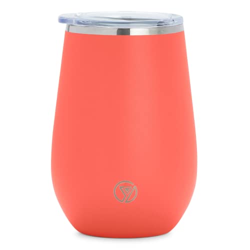 Y DRINK Stylish Stemless Cocktail Wine Glass Tumbler 12oz - Double Wall Insulated Cup - Splash Proof Lid - Food Safe - Non-Corrosive Stainless Steel with Anti-Slip Powder Coating (Coral Splash)