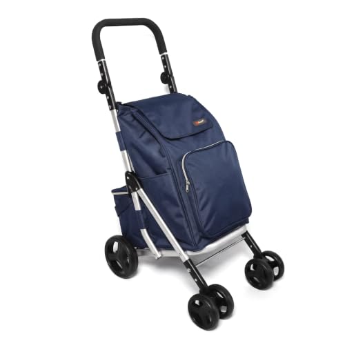 Image of Ezzyrol Shopping Trolley on 4 Wheels Navy Blue – 50L Foldable Grocery Cart (40L + 10L Insulated Cooler Bag), Lightweight Aluminium Frame, Front Swivel Wheels, Foot Brake, 45kg Max Load