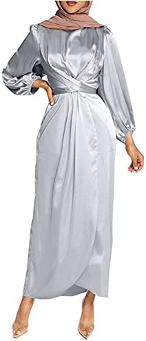 StarDY Women's Plain Satin Abaya Dress Round Collar Balloon Sleeve Wrap Waist Slit Maxi Dress Middle Eastern Muslim Gown