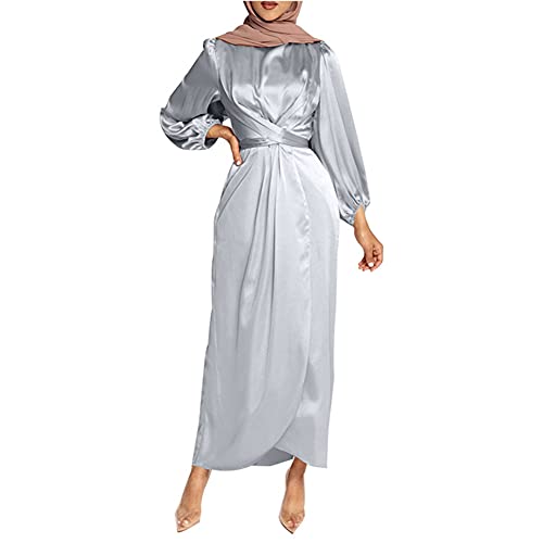 StarDY Women's Plain Satin Abaya Dress Round Collar Balloon Sleeve Wrap Waist Slit Maxi Dress Middle Eastern Muslim Gown