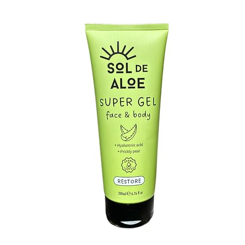 Sol de Aloe Super Aloe Vera Gel, Face & Body, with Hyaluronic Acid & Prickly Pear, Fair Trade Aloe, Natural, Vegan, Cruelty Free, Fragrance Free, Soothing, Hydrating, Aftersun, 200ml