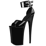 Roimaash Fancy Women 20CM Heels Pole Dance Sandals Platform Peep Toe Stiletto Heels Ankle Wrap Sandals Evening Prom Shoes Patent Black Plus Size 39