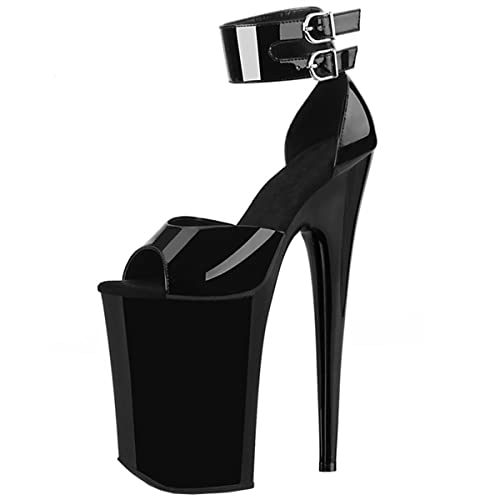 Roimaash Fancy Mujer 20CM Heels Pole Baile Sandalias Plataforma Peep Toe Stiletto Ankle Wrap Sandalias Noche Prom Zapatos Patent Black Plus Size 43