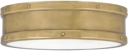 Quoizel Ahoy Round Flush Mount Ceiling Light, 13 Inch Drum Light with Metal Shade, 25 W LED, 1700 Lumens, 4" H x 13" W, Weathered Brass