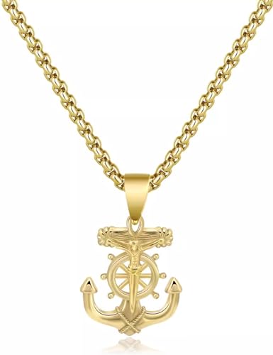 JAJAFOOK Men's Stainless Steel Silver Nautical Anchor Jesus Cross Necklace Chain Link2