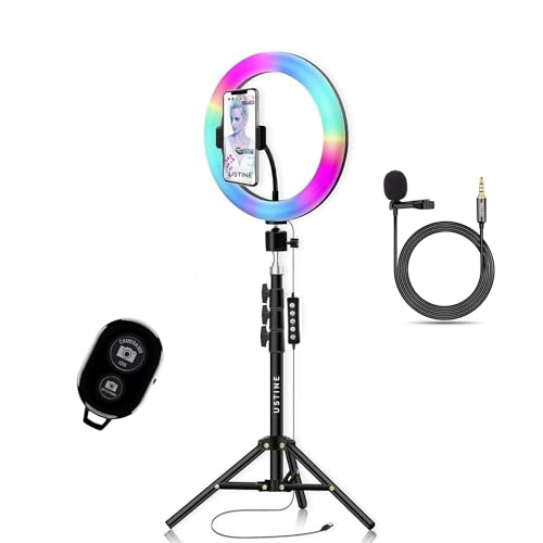 USTINE 10 Inches Big RGB LED Ring Light for Camera, Phone YouTube Video Shooting and Makeup, 7 Feet Long Foldable and Lightweight Tripod Stand (7FT Tripod + 10″ RGB Ring Light, BT Remote, MIC) USTINE 10 Inches Big RGB LED Ring Light for Camera, Phone YouTube Video Shooting and Makeup, 7 Feet Long Foldable and Lightweight Tripod Stand (7FT Tripod + 10″ RGB Ring Light, BT Remote, MIC)
