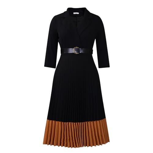 Women's 3/4 Sleeve Pleated Dress Midi Dress with Belt V Neck Business Elegant Dresses Formal Lady Dress