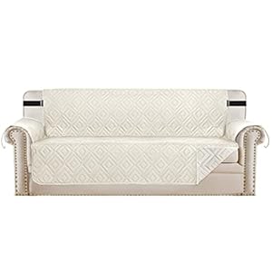 H.VERSAILTEX Reversible Sofa Slipcover Furniture Protector Water Resistant 2 Inch Wide Elastic Straps Sofa Cover Couch Covers Pets Kids Fit Sitting Width Up to 66″ (Sofa: 75″ x 110″, Ivory/Beige)