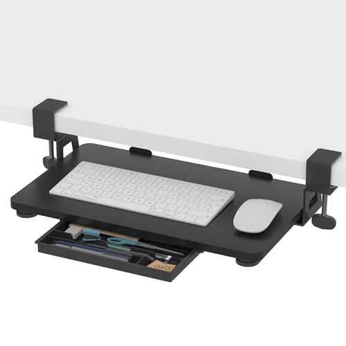 ETHU Tastaturauszug, Ausziehbarer Tastaturablage 50x30 cm mit C-Klemmhalterung, Untertischmontage Tastaturständer, Ergonomischer Tastaturständer für Zuhause & Büro (Schwarz)