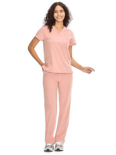 COZYFIT Scrubs for Women Set Medical Uniform - V-Neck Top & Straight Leg Pants with 9 Pockets, Wrinkle-Resistant Unisex Workwear, Pink, 2XL - 2