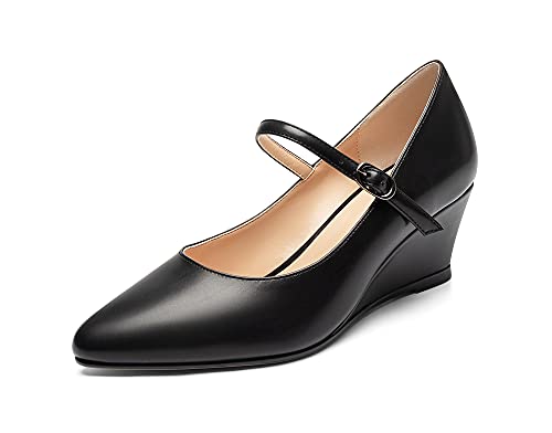 Mettesally Women's Wedge Pumps Pointed Toe Ankle Strap Mid Heel Comfortable Dress Shoes2