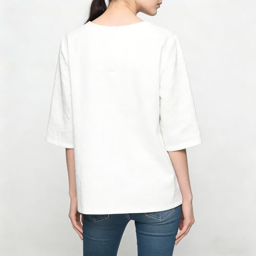 FTCayanz Women's Linen Tops Shirts Summer Casual Jacquard Tunic Blouse Large White - image 4