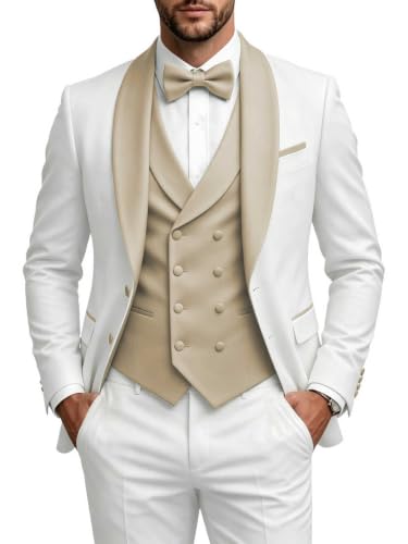 NQGGS Slim Fit 3 Piece Men Suit Notch Shawl One Button Tuxedo Cream L