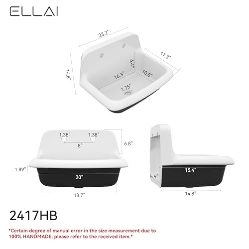 Image of ELLAI Wall Mount Utility Sink Wall Mounted Laundry Tub Ceramic Farm Style High Back Farmhouse Sink for Laundry Room, Garage, Kitchen, Bathroom, White and Black 24 inch x 17 inch x 15 inch