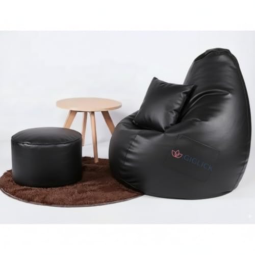Image of 4XL Bean Bag Cover with Foot Stool & Cushion Cover | Premium PVC Leatherette | Double Stitched | 6 Months Warranty (Beans Required) Color- (Black)