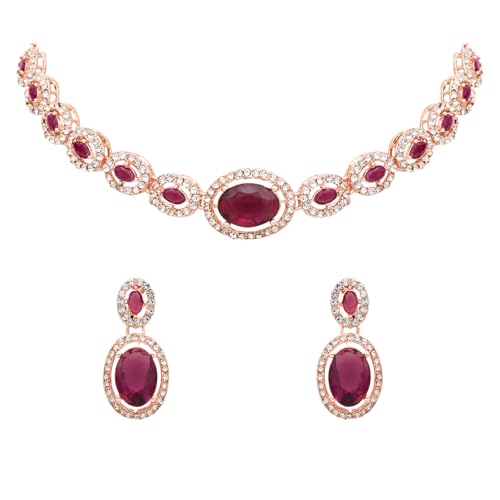 Image of I Jewels Rose Gold Plated Stylish Design Crystal Diamond Necklace & Earrings Jewellery Set for Women