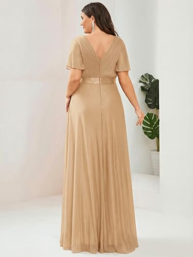 Image of Ever-Pretty Plus Women's Glitter Formal Dress Evening Gown for Gala V-Neck Short Sleeve Floor Length Plus Size Prom Dresses