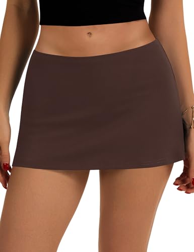 LOMON Womens Low Waist Casual Micro Mini Skirt with Built-in Shorts with Pockets Stretchy Skorts Summer Outfits 2026 Chocolate Brown S