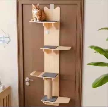 M/P Door Hanging Cat Shelf, 4-Tiers Vertical Cat Tree Over The Door, Over Door Cats Climber with Kitten Scratching Post, Pads, Tease Ball,Doors Cats Ladder for Indoor Kittens Jumping & Playing