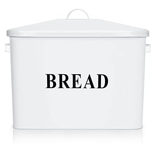 E-far Bread Box, Metal Bread Box with Lid for Kitchen Countertop, Large Bread Bin Holder Storage Container - 13" x 9.8" x 7.3" - Holds 2+ Loaves, Modern Farmhouse & Vintage Style - White