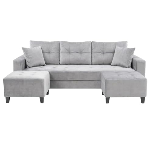 Image of SLEEPIFY Harlon Velvet-Suede Fabric 3 Seater Sofa Set with 2 Ottoman (Light Gray) | Comfortable & Spacious Seating | Modern Sofa Set for Living Room | Soft Touch Upholstery