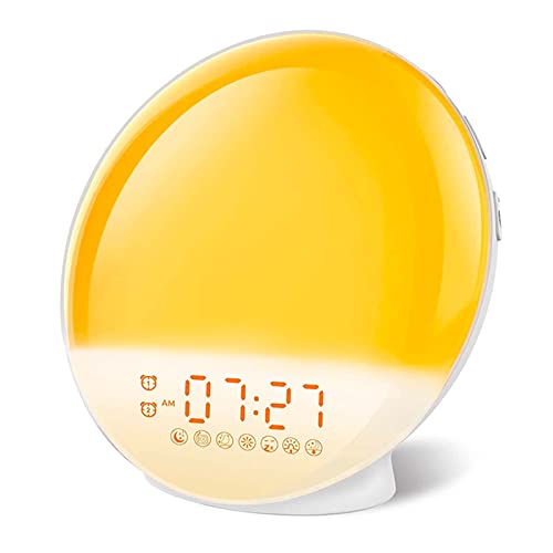 HLCUI Despertador Luz,Despertador Luz Amanecer Simulación de Amanecer y Atardece,Wake Up Light LED,2 Alarmas, 20 Niveles Brillo,7 Luces de Colores 7 Sonidos Naturales,Función Snooze, Radio FM(Color:A)