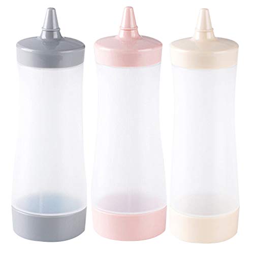 Cabilock 3pcs Plastic Squeeze Bottles Condiment Bottles with Lids Dispensers for Ketchup Mustard Mayo Hot Sauces Olive Oil Bbq Set Dressing Holder Beige, Grey, Pink