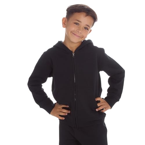 Kids Boys Girls Unisex Hooded Full Zipped Plain Brushed Back Soft Fleece Hoodie (Black, 13)